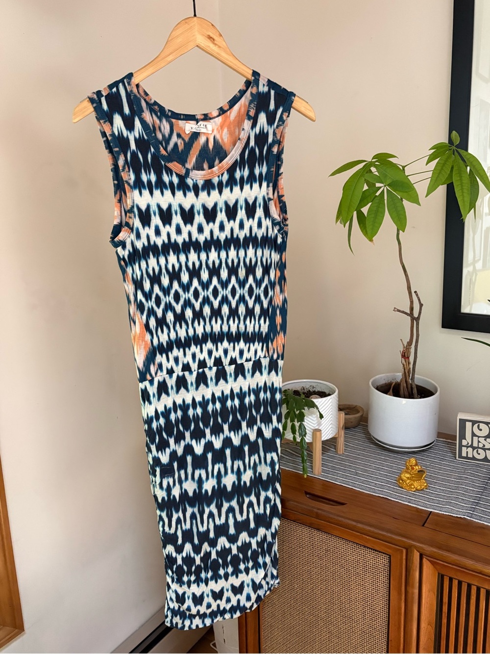 Velvet by Graham & Spencer Navy, Ivory & Peach Ikat-Print Sleeveless Midi Dress